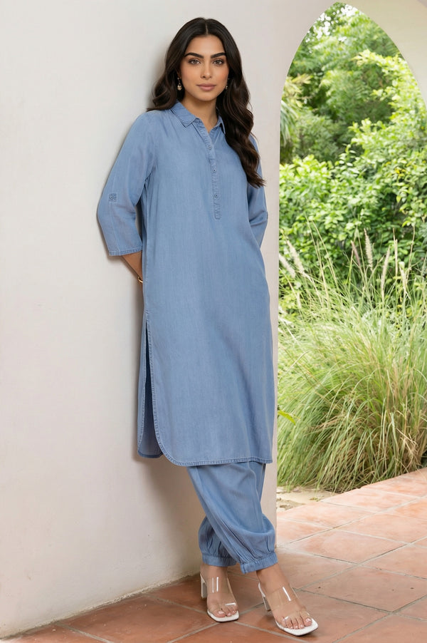 Blue Solid Lyocell Straight Kurta with Salwar Co-ord Set