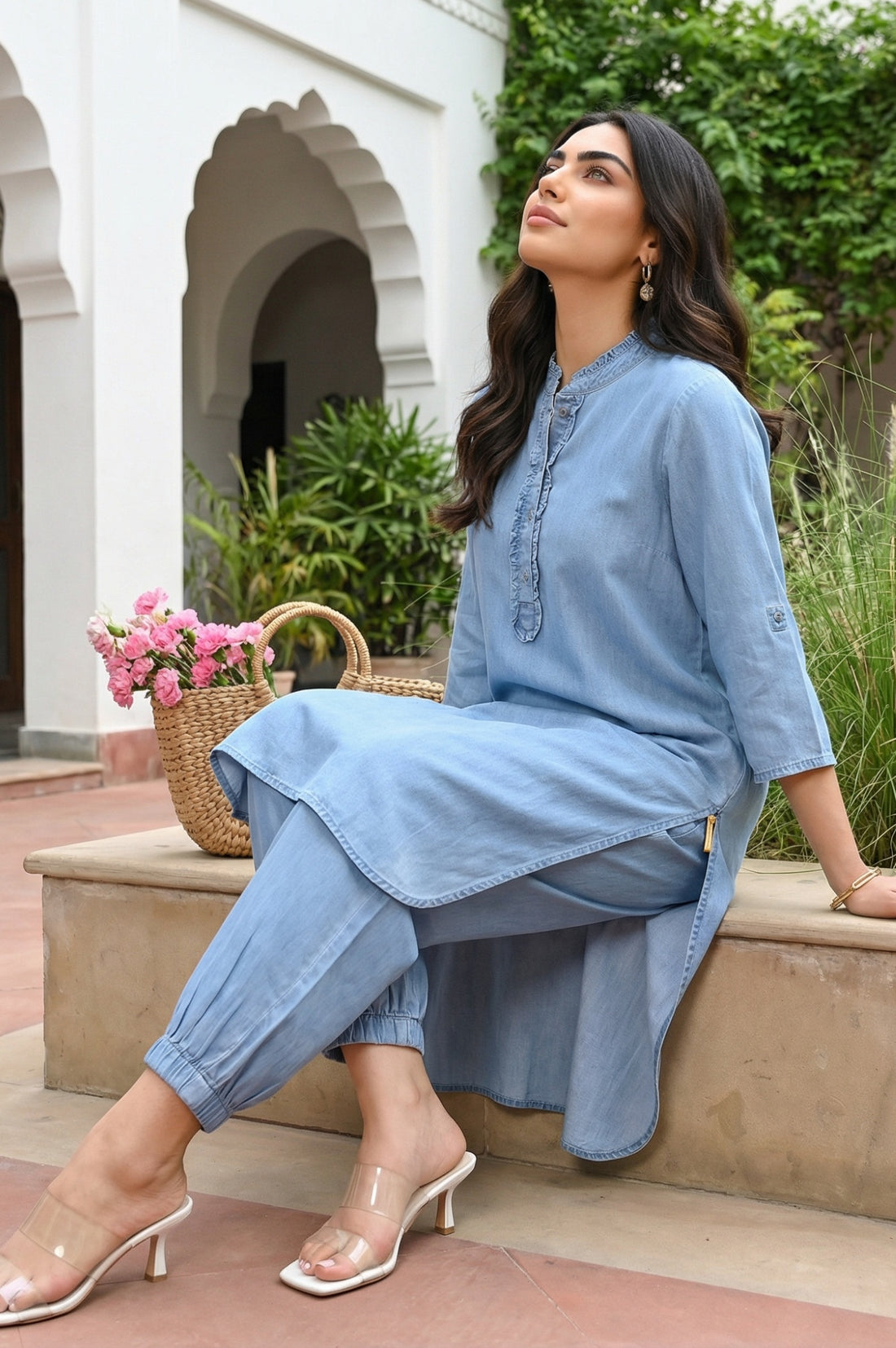 Blue Solid Lyocell Straight Kurta with Salwar Co-ord Set
