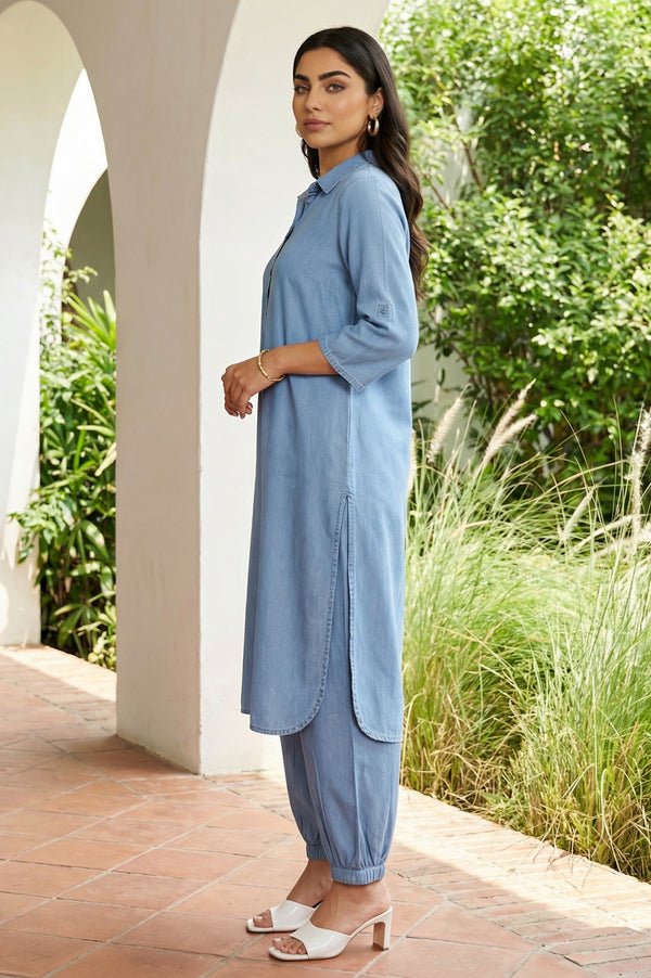 Blue Solid Lyocell Straight Kurta with Salwar Co-ord Set