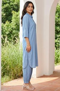 Blue Solid Lyocell Straight Kurta with Salwar Co-ord Set