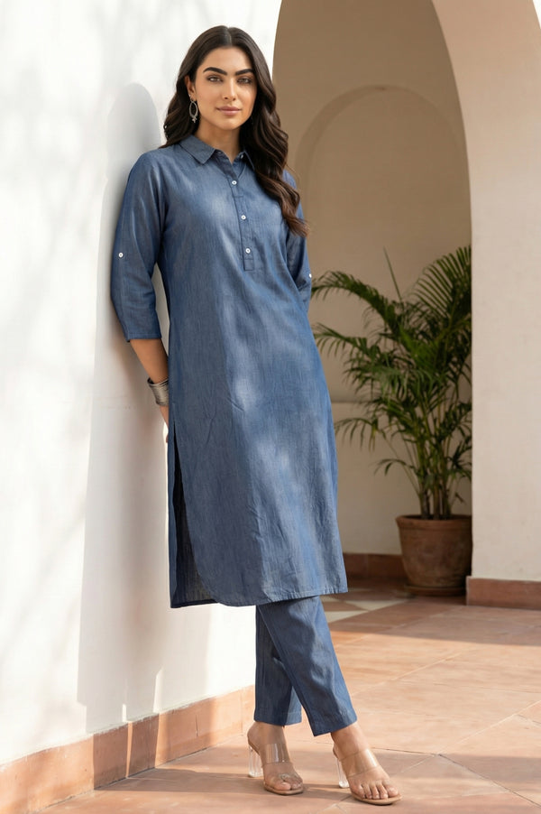 Blue Solid Lyocell Straight Kurta with Trousers Co-ord Set