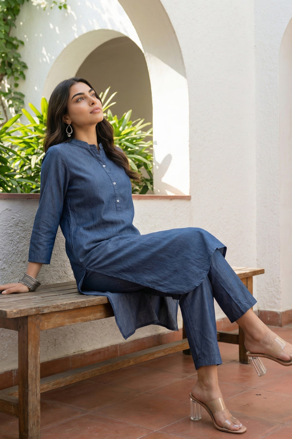 Blue Solid Lyocell Straight Kurta with Trousers Co-ord Set