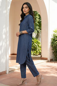 Blue Solid Lyocell Straight Kurta with Trousers Co-ord Set