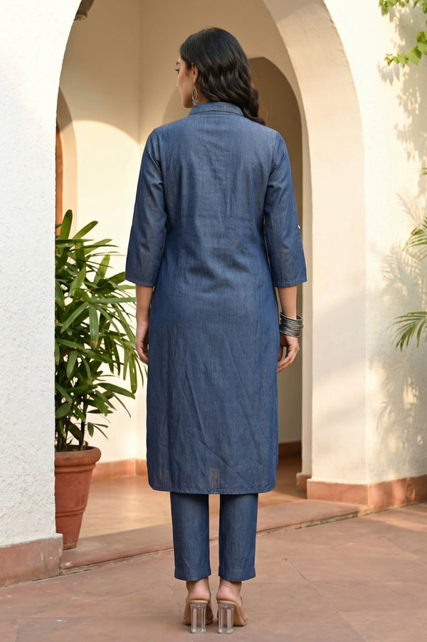 Blue Solid Lyocell Straight Kurta with Trousers Co-ord Set