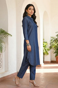 Blue Solid Lyocell Straight Kurta with Trousers Co-ord Set