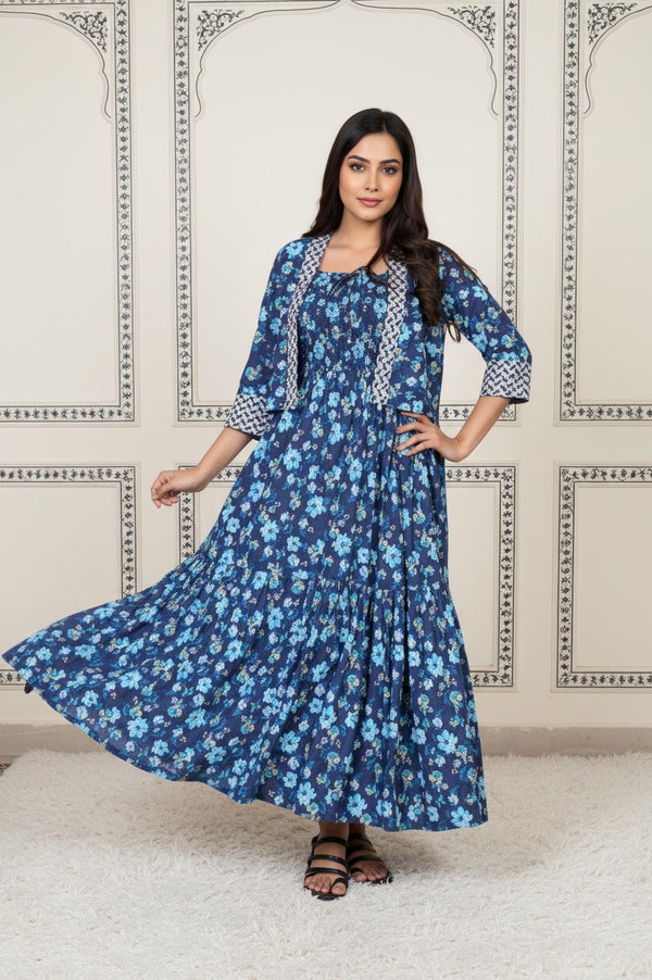 Blue Floral Printed Rayon Tiered Dress and Jacket Set