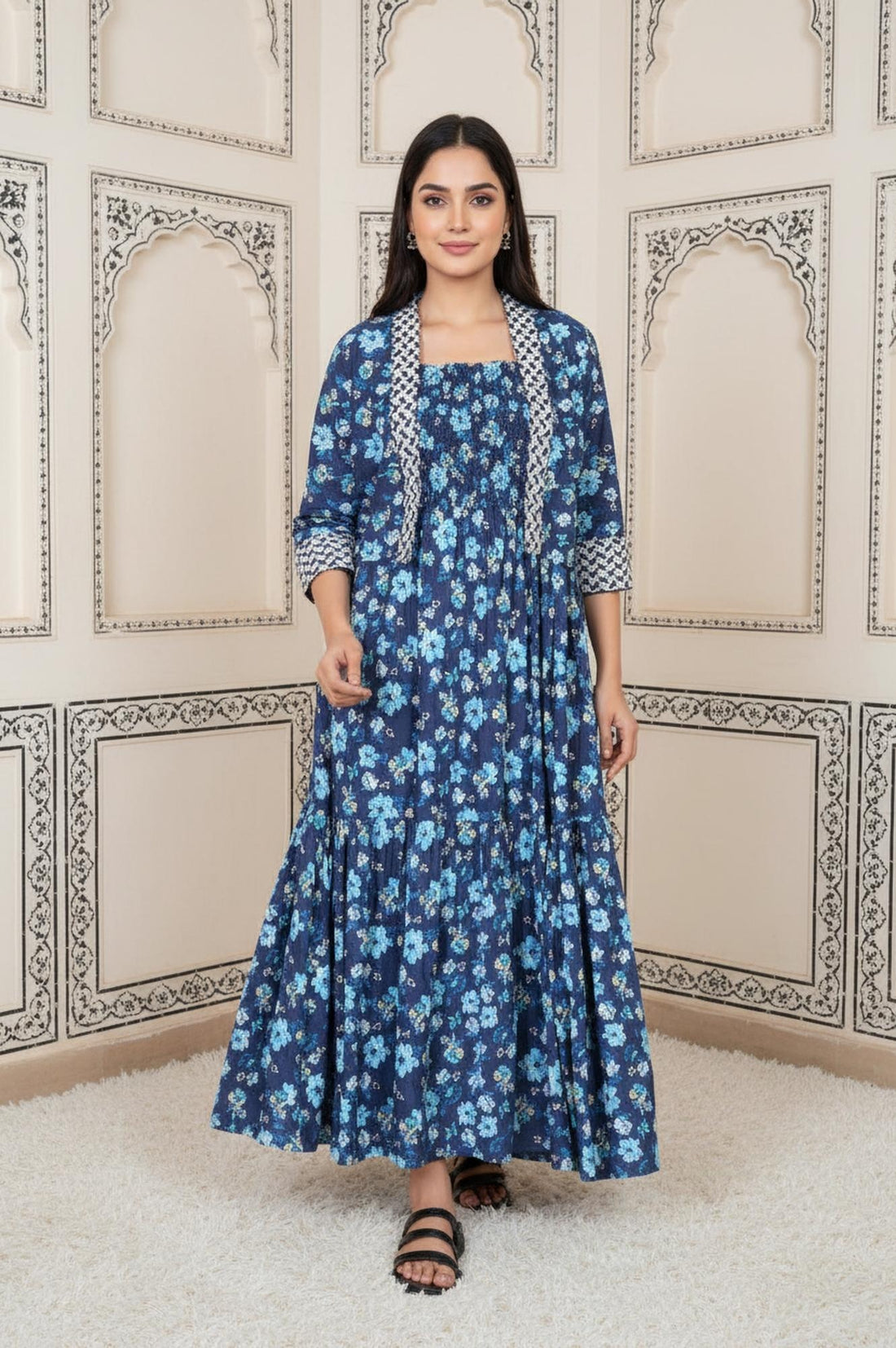 Blue Floral Printed Rayon Tiered Dress and Jacket Set