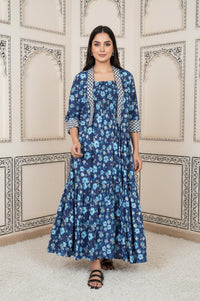 Blue Floral Printed Rayon Tiered Dress and Jacket Set