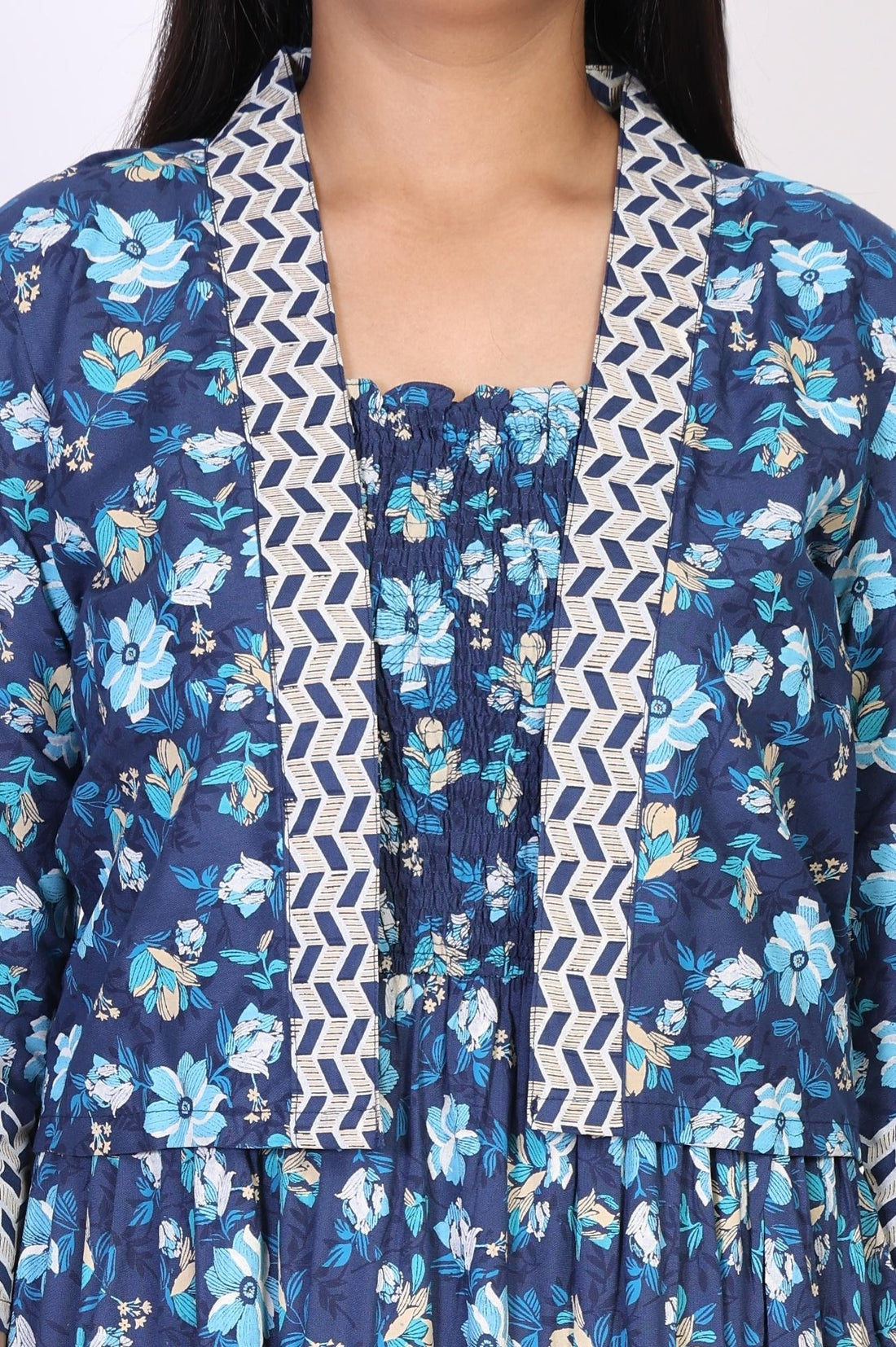 Blue Floral Printed Rayon Tiered Dress and Jacket Set