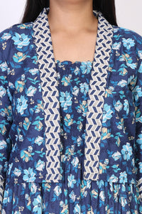Blue Floral Printed Rayon Tiered Dress and Jacket Set