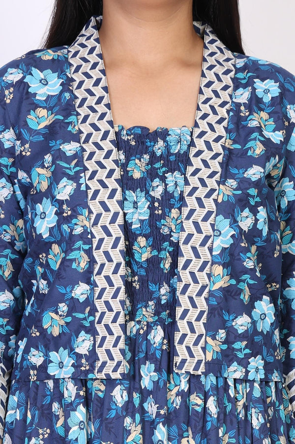 Blue Floral Printed Rayon Tiered Dress and Jacket Set
