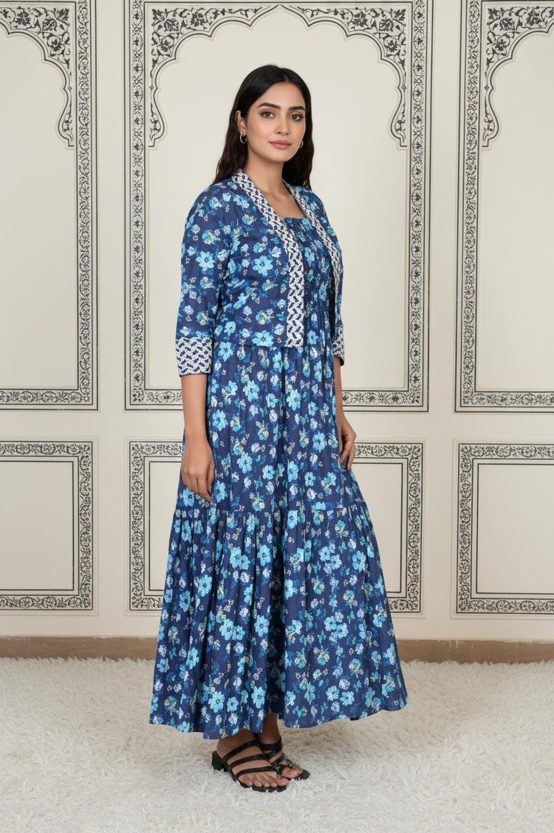 Blue Floral Printed Rayon Tiered Dress and Jacket Set