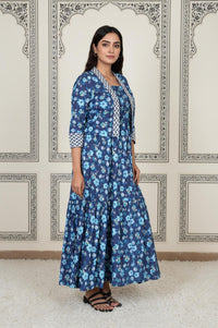 Blue Floral Printed Rayon Tiered Dress and Jacket Set