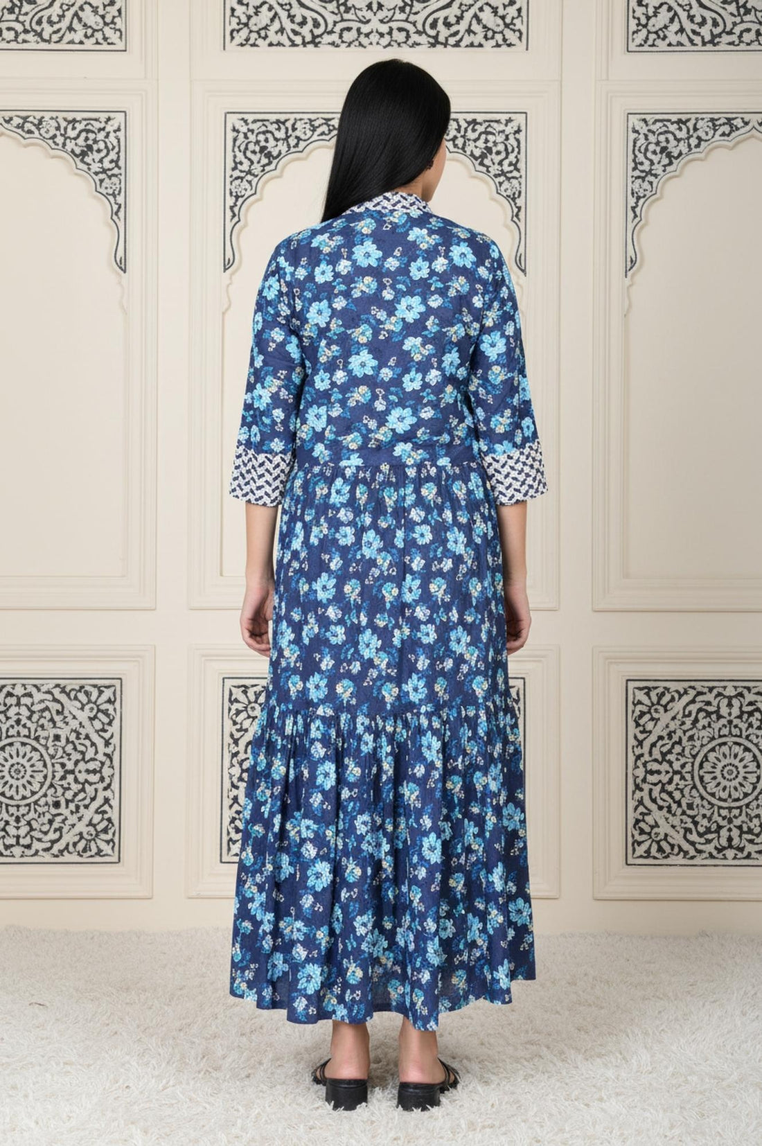 Blue Floral Printed Rayon Tiered Dress and Jacket Set