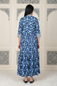 Blue Floral Printed Rayon Tiered Dress and Jacket Set