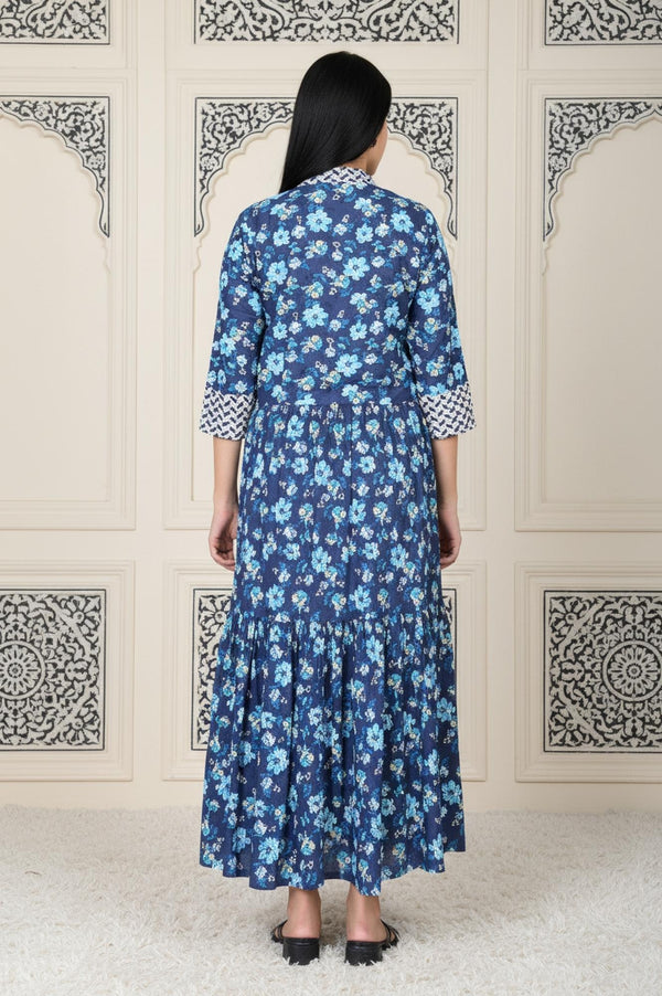 Blue Floral Printed Rayon Tiered Dress and Jacket Set