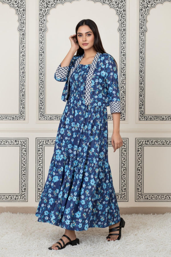 Blue Floral Printed Rayon Tiered Dress and Jacket Set