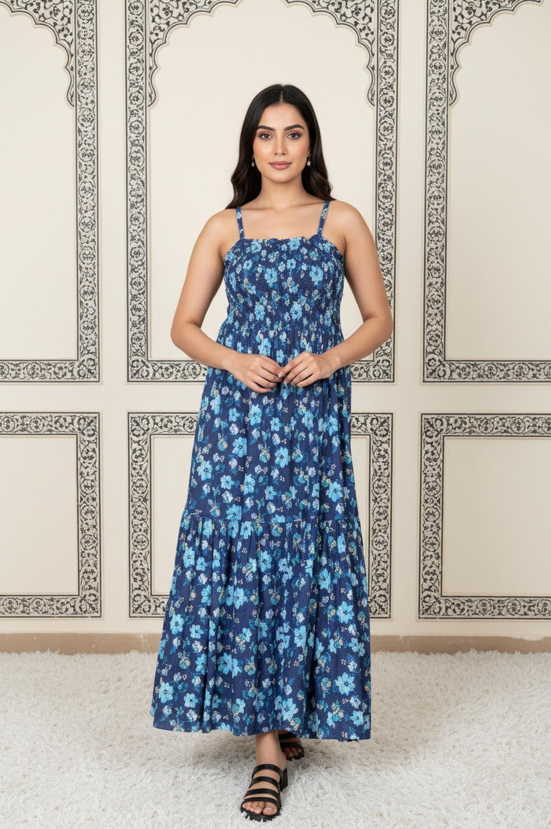 Blue Floral Printed Rayon Tiered Dress and Jacket Set