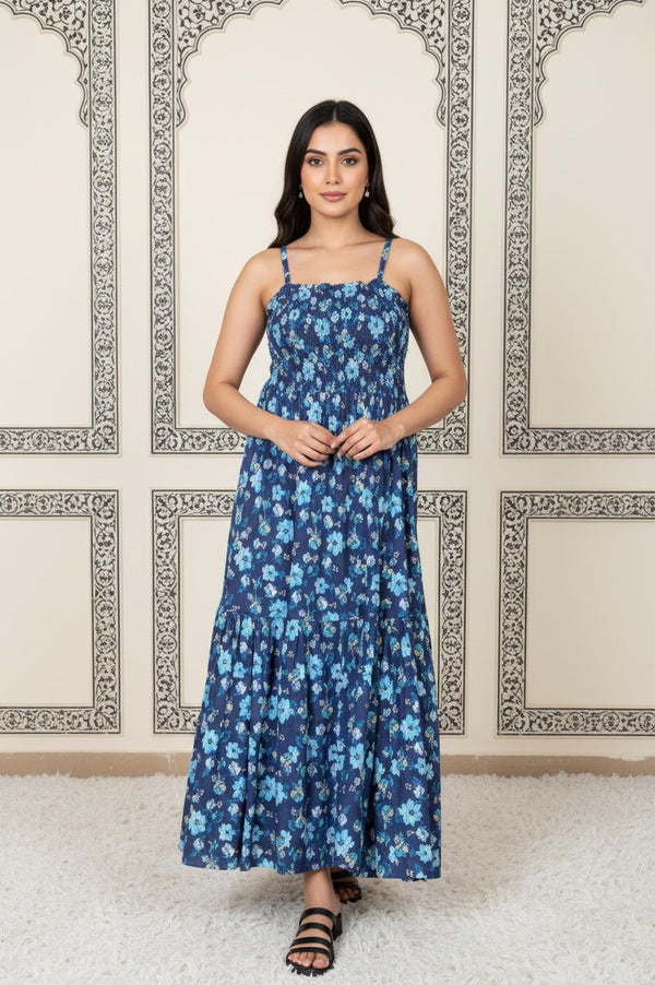 Blue Floral Printed Rayon Tiered Dress and Jacket Set