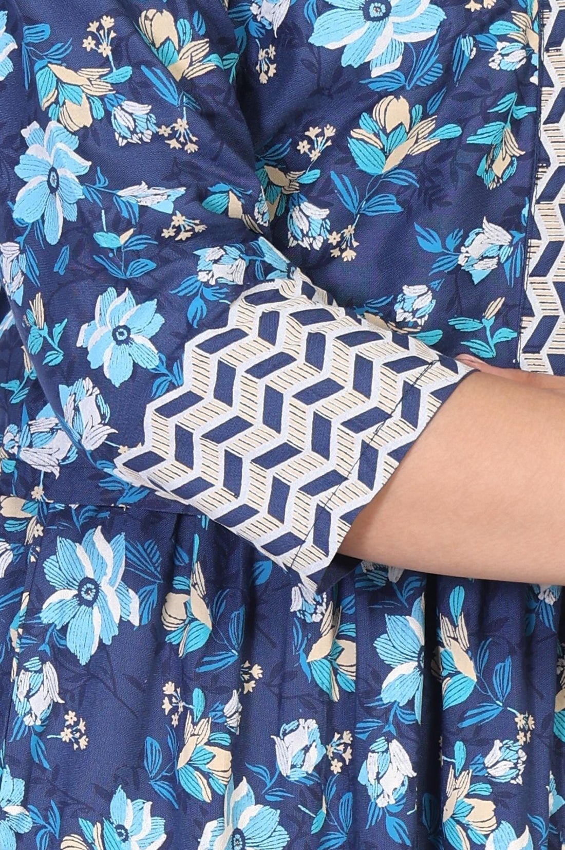 Blue Floral Printed Rayon Tiered Dress and Jacket Set