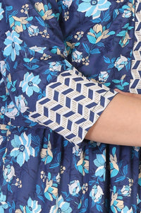 Blue Floral Printed Rayon Tiered Dress and Jacket Set