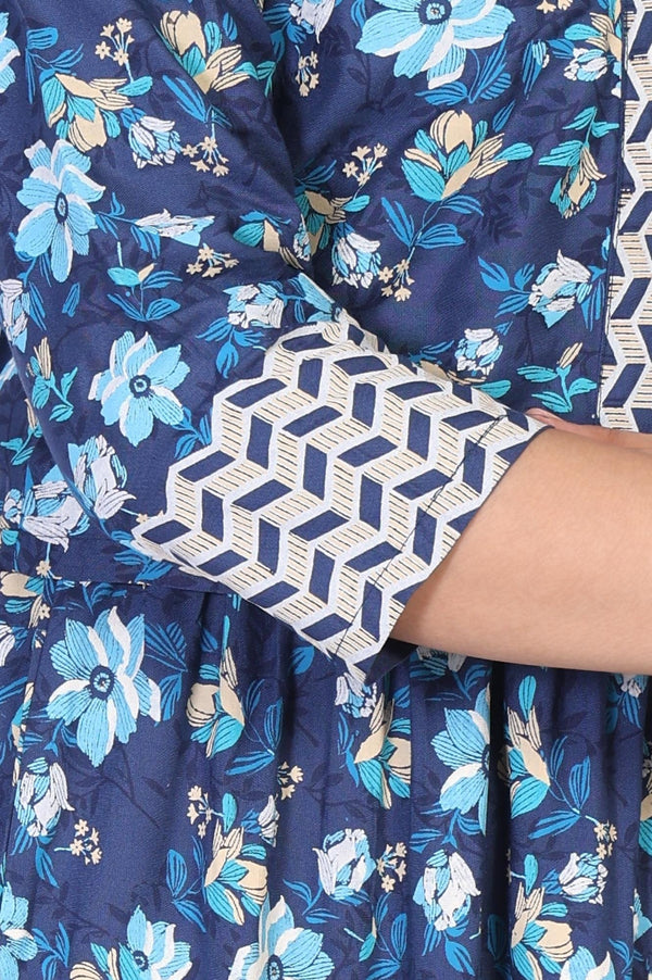 Blue Floral Printed Rayon Tiered Dress and Jacket Set