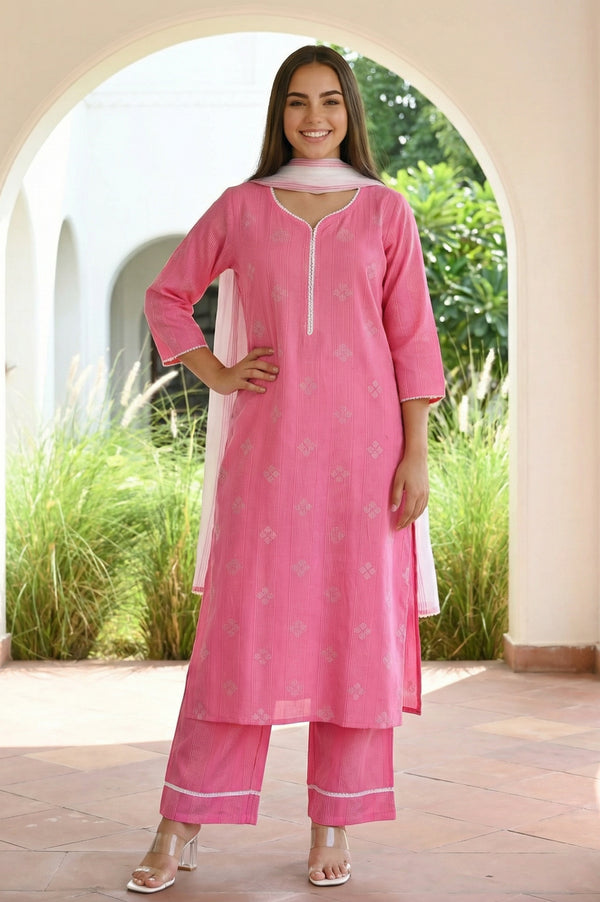 Pink Geometric Printed Lace Cotton Blend Straight Kurta with Palazzo and Dupatta Set