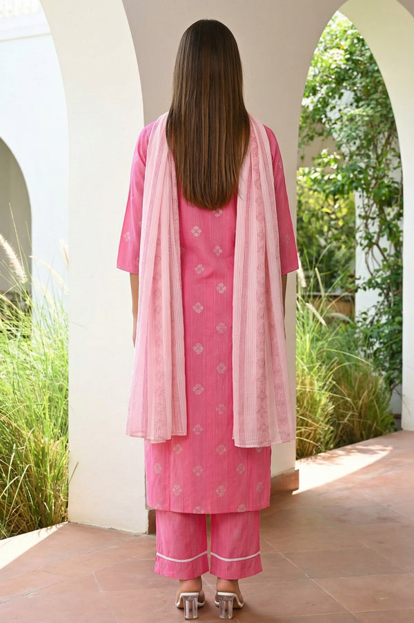 Pink Geometric Printed Lace Cotton Blend Straight Kurta with Palazzo and Dupatta Set