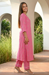 Pink Geometric Printed Lace Cotton Blend Straight Kurta with Palazzo and Dupatta Set