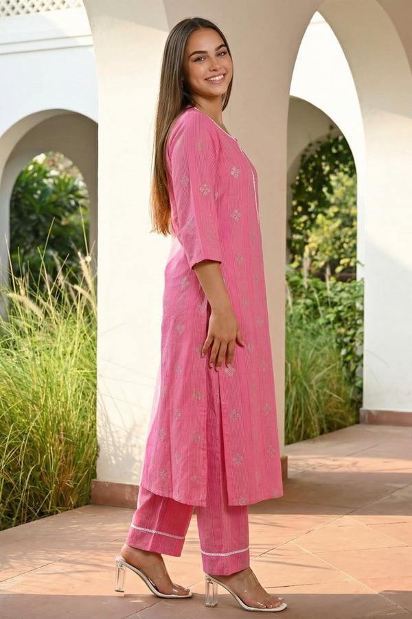 Pink Geometric Printed Lace Cotton Blend Straight Kurta with Palazzo and Dupatta Set