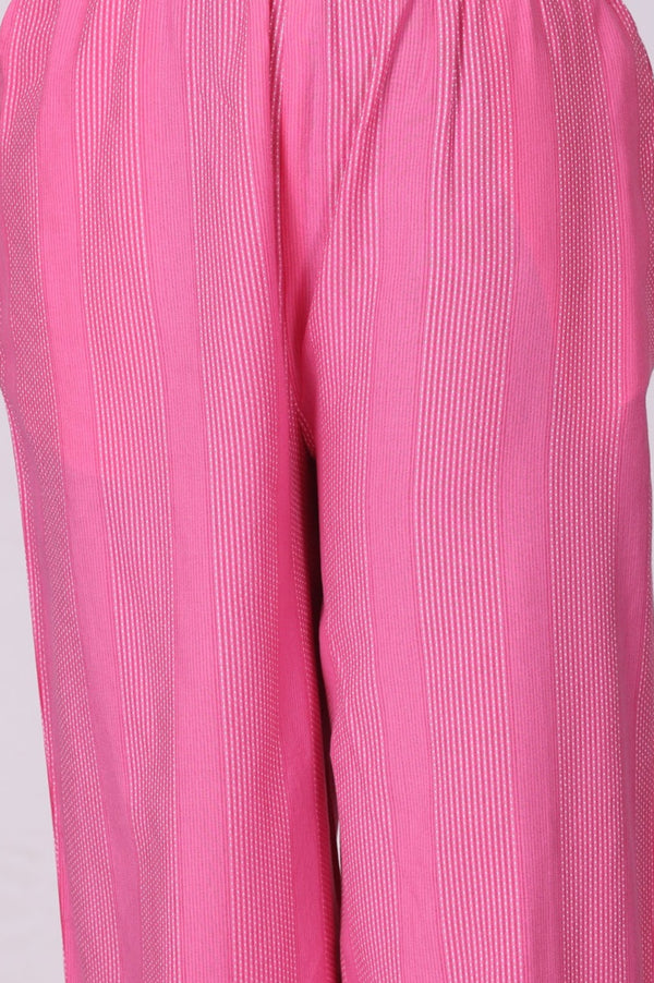 Pink Geometric Printed Lace Cotton Blend Straight Kurta with Palazzo and Dupatta Set