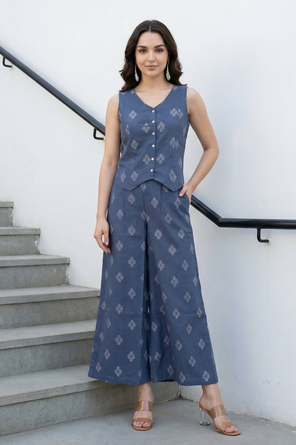 Blue Yarn Dyed Cotton Butta Dobby Sleeveless Waist Coat and Trousers Co-ord Set