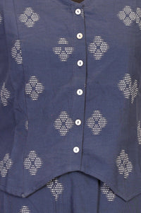 Blue Yarn Dyed Cotton Butta Dobby Sleeveless Waist Coat and Trousers Co-ord Set