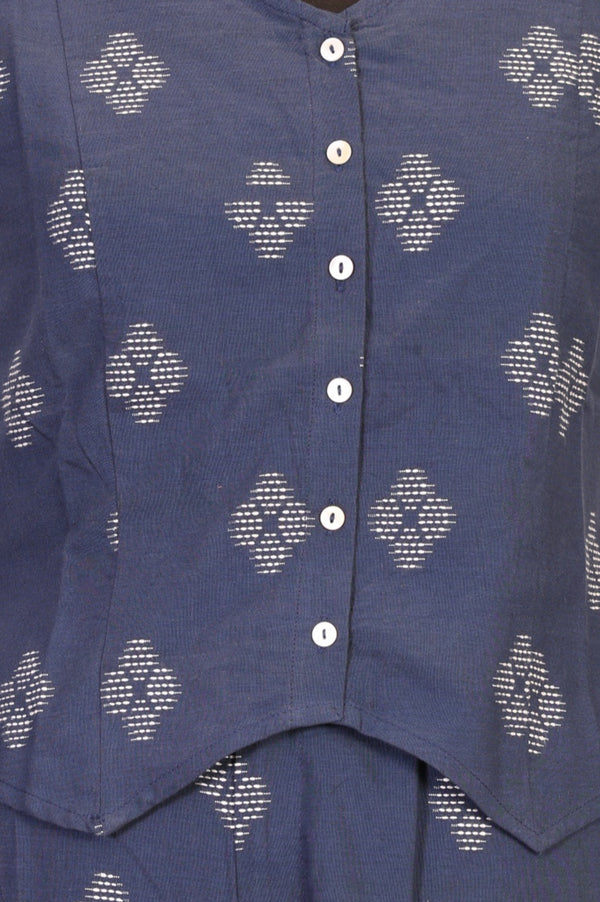 Blue Yarn Dyed Cotton Butta Dobby Sleeveless Waist Coat and Trousers Co-ord Set