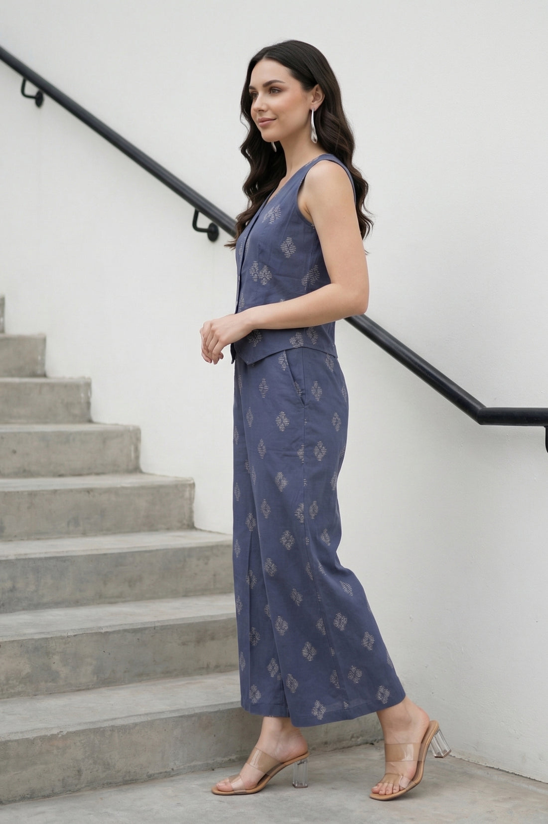 Blue Yarn Dyed Cotton Butta Dobby Sleeveless Waist Coat and Trousers Co-ord Set