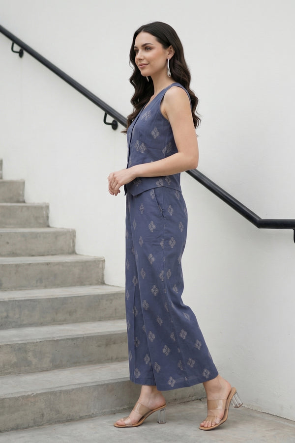Blue Yarn Dyed Cotton Butta Dobby Sleeveless Waist Coat and Trousers Co-ord Set