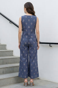 Blue Yarn Dyed Cotton Butta Dobby Sleeveless Waist Coat and Trousers Co-ord Set