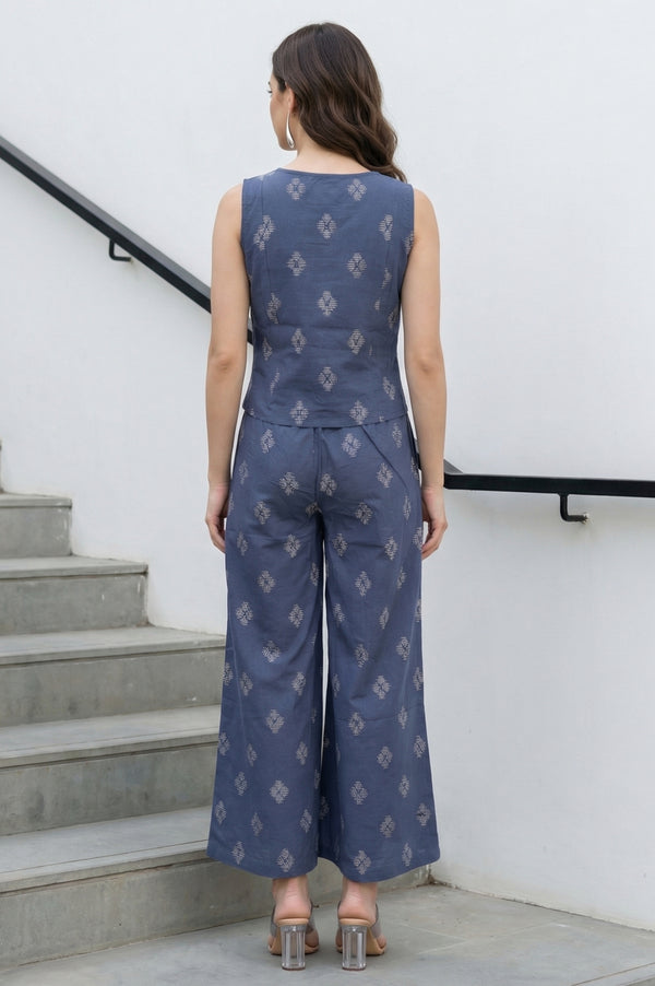 Blue Yarn Dyed Cotton Butta Dobby Sleeveless Waist Coat and Trousers Co-ord Set