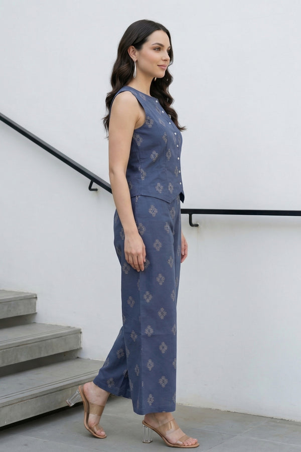 Blue Yarn Dyed Cotton Butta Dobby Sleeveless Waist Coat and Trousers Co-ord Set