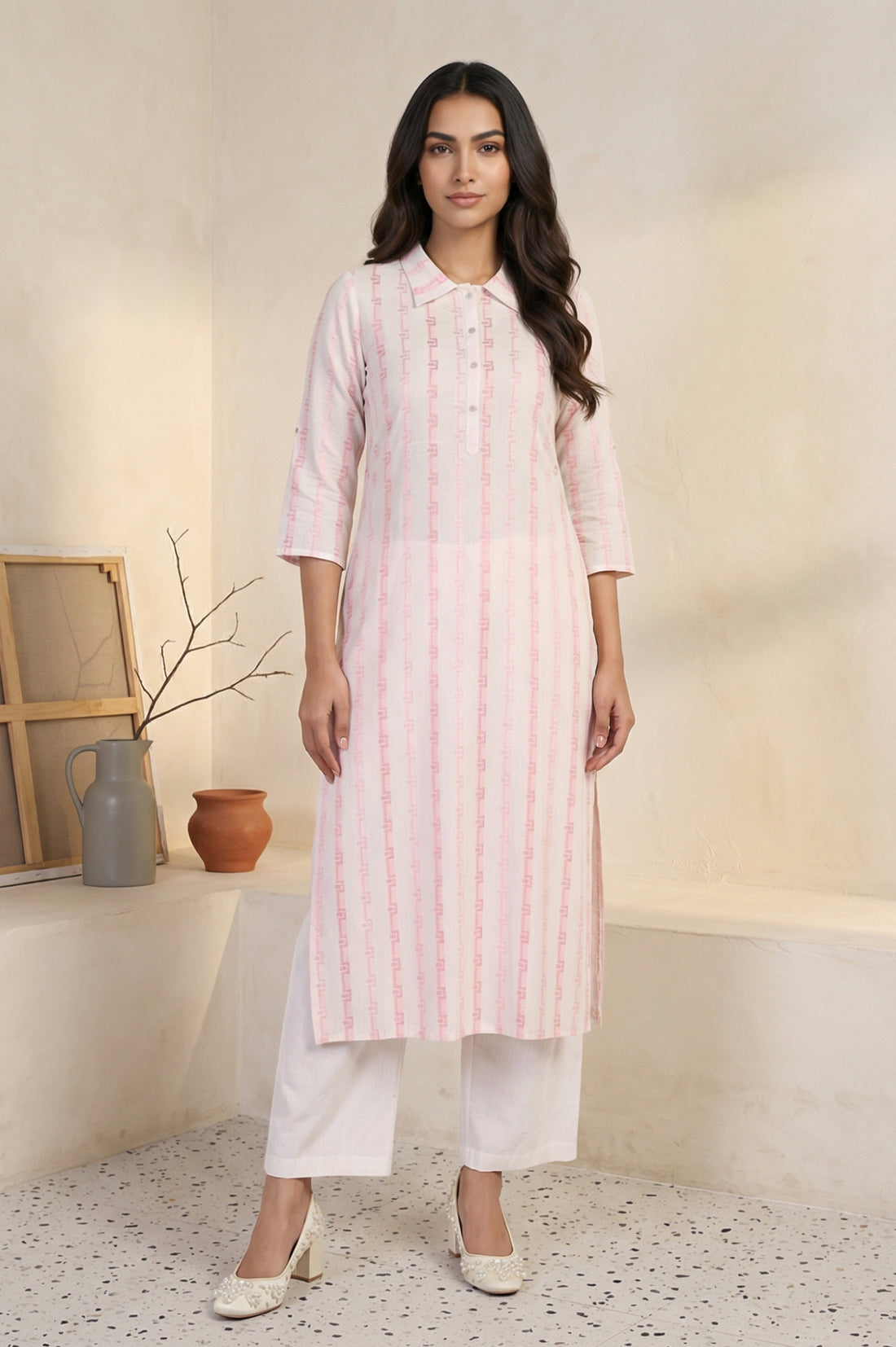 Pink Geometric Printed Cotton Blend Straight Kurta with Palazzo Set