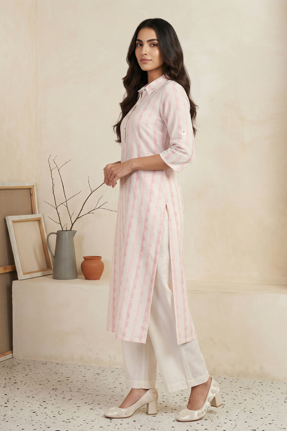 Pink Geometric Printed Cotton Blend Straight Kurta with Palazzo Set