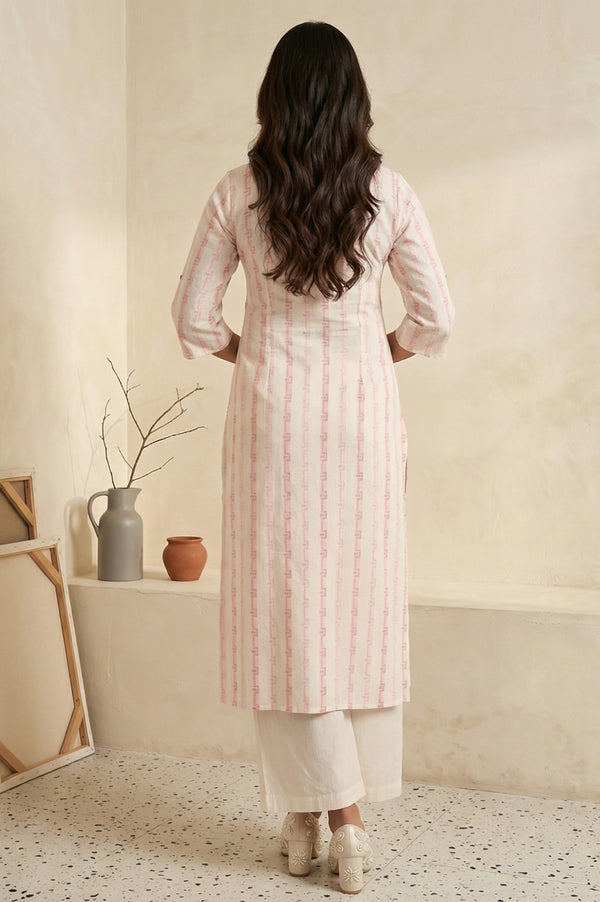 Pink Geometric Printed Cotton Blend Straight Kurta with Palazzo Set
