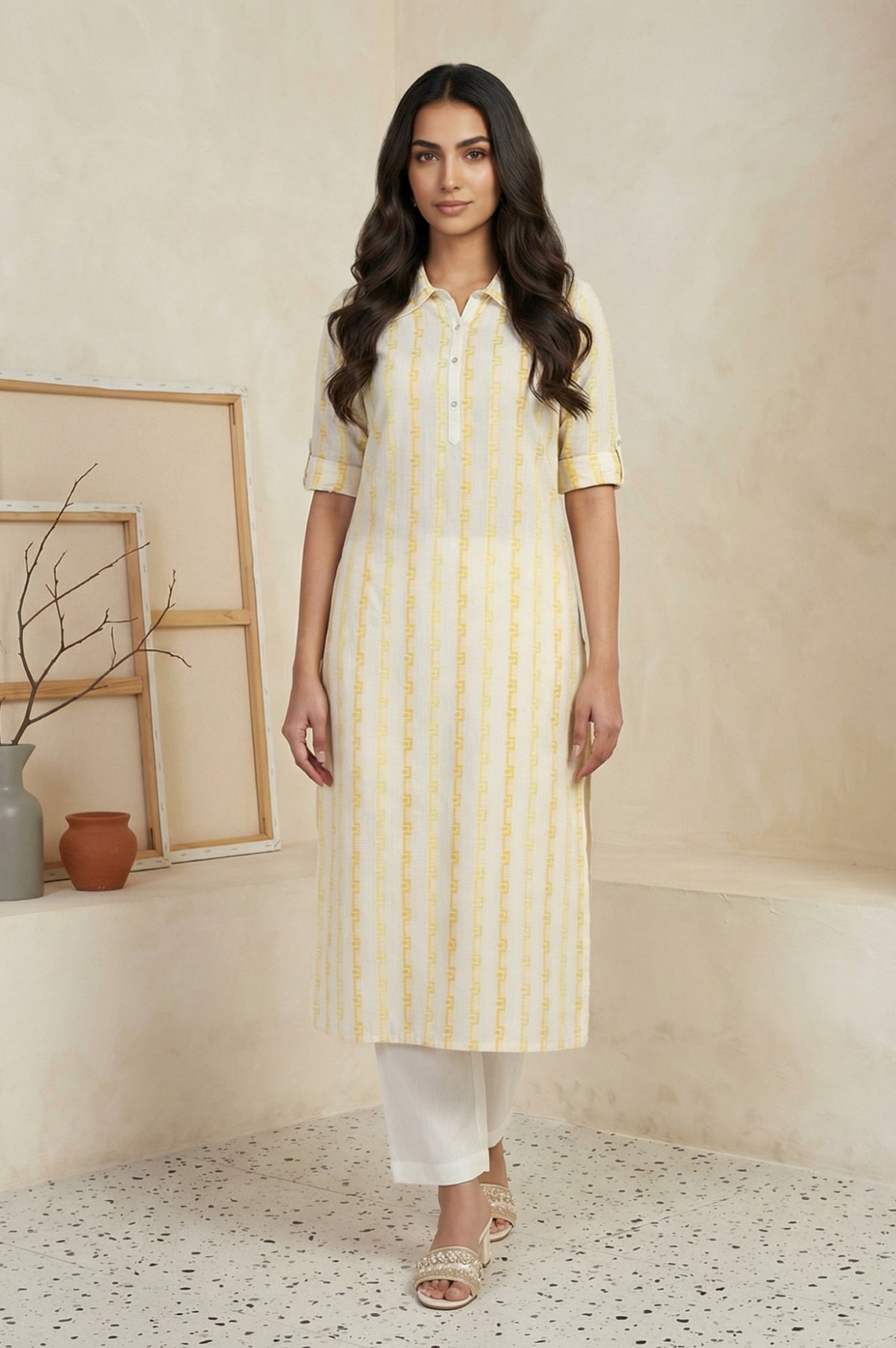 Yellow Geometric Printed Cotton Blend Straight Kurta with Palazzo Set - XS