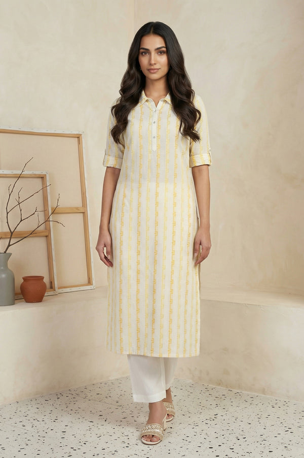 Yellow Geometric Printed Cotton Blend Straight Kurta with Palazzo Set