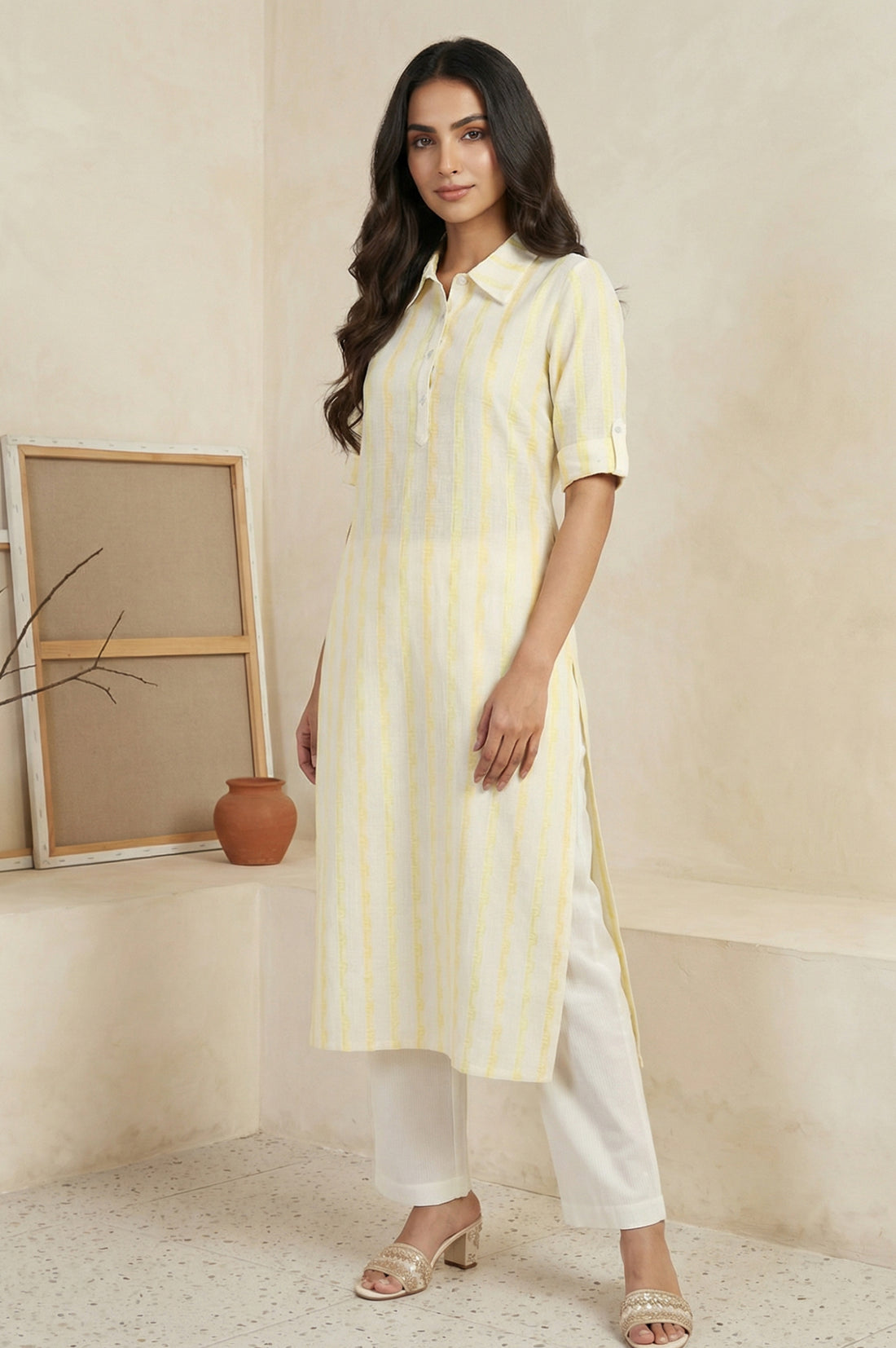 Yellow Geometric Printed Cotton Blend Straight Kurta with Palazzo Set