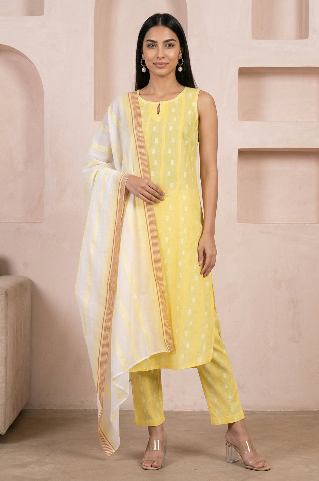Yellow Textured Cotton Sleeveless Straight Kurta with Palazzos and Striped Dupatta Set