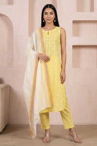 Yellow Textured Cotton Sleeveless Straight Kurta with Palazzos and Striped Dupatta Set