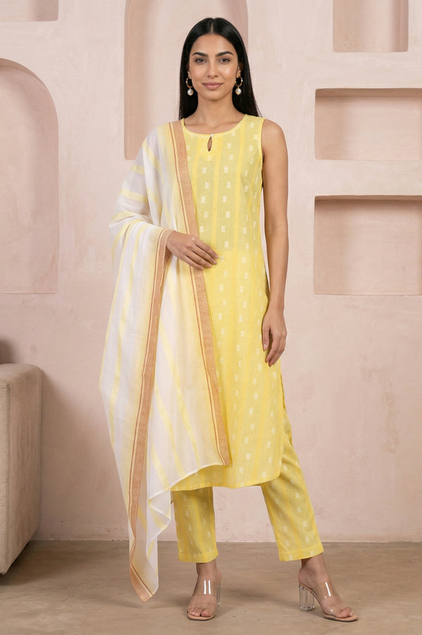 Yellow Textured Cotton Sleeveless Straight Kurta with Palazzos and Striped Dupatta Set