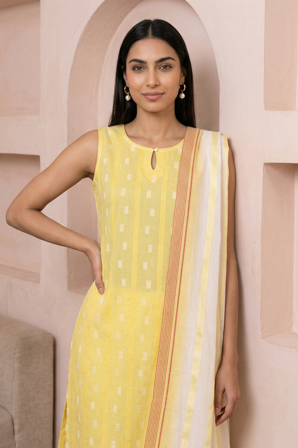 Yellow Textured Cotton Sleeveless Straight Kurta with Palazzos and Striped Dupatta Set