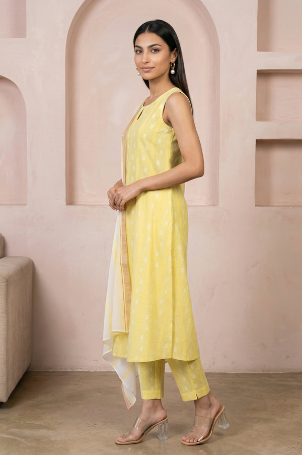 Yellow Textured Cotton Sleeveless Straight Kurta with Palazzos and Striped Dupatta Set